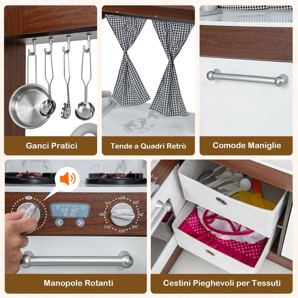 Set da Cucina Giocattolo in Legno, Cucina Giocattolo per Bambini con Accessori, Piano di Cottura con Luci e Suoni, Cucina Giocattolo per Divertimento ed Educazione, Età 3+ anni