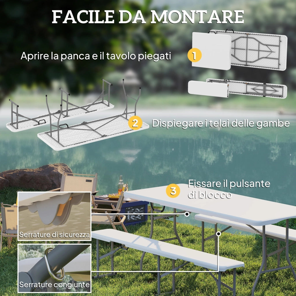Set da Pic Nic Pieghevole a 3 Pezzi con Tavolo e 2 Panche in HDPE e Metallo Bianco e Grigio Chiaro