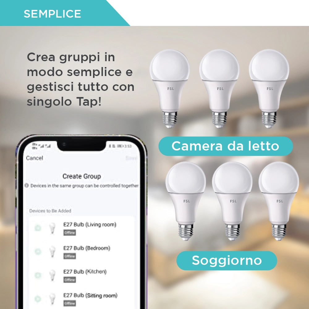 Fsl lampadina smart led e27 rgb+cct dimmerabile 10w compatibile wifi app