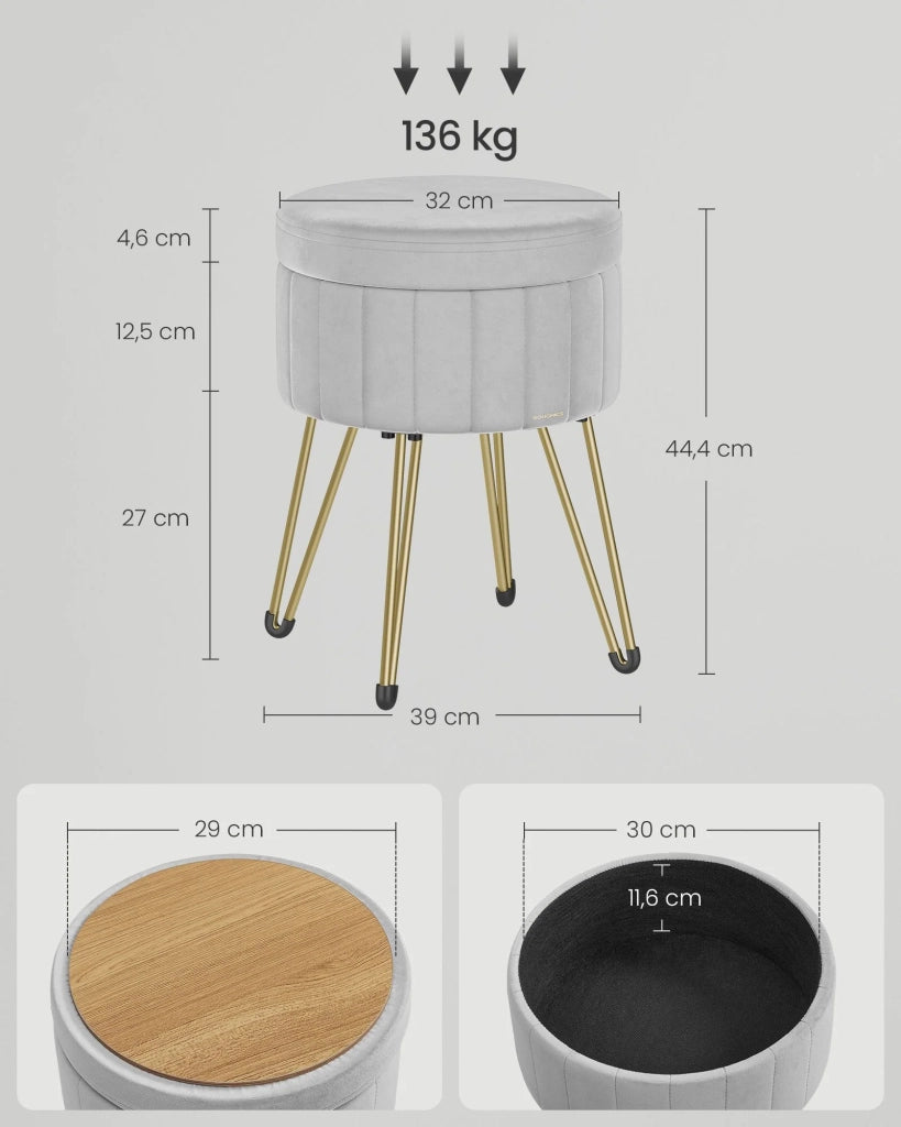 Sgabello rotondo in velluto con contenitore diametro 39 cm 4 gambe in metallo per cabina armadio soggiorno camera da letto grigio 12_0006165