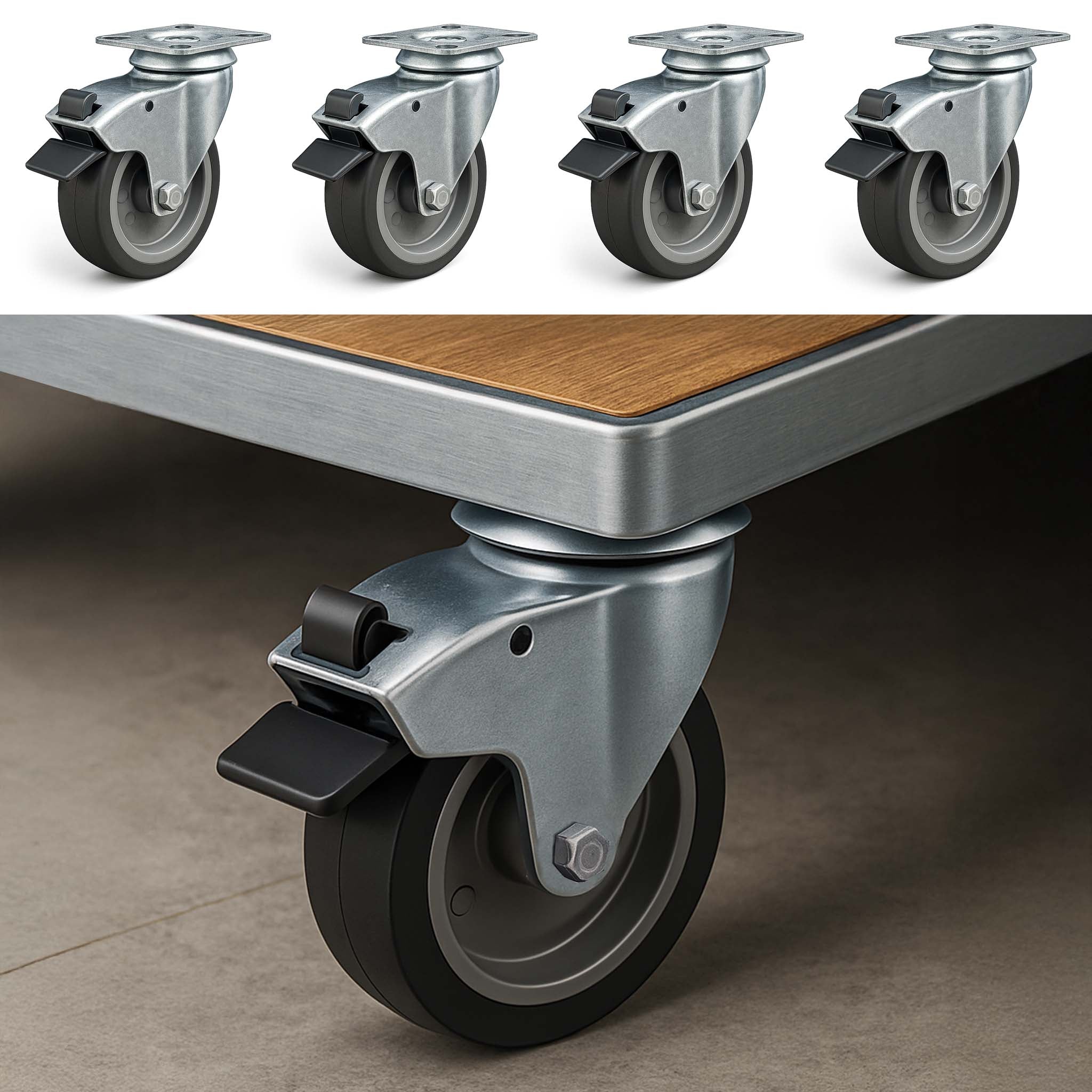 Set 4 ruote girevoli con freno, per trasporto, 125mm, plastica e gomma, max 100 kg a rotella