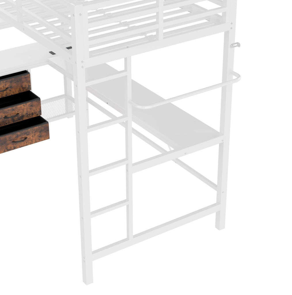 Letto a soppalco 90x200 cm bianco con scrivania, LED, USB e 3 cassetti