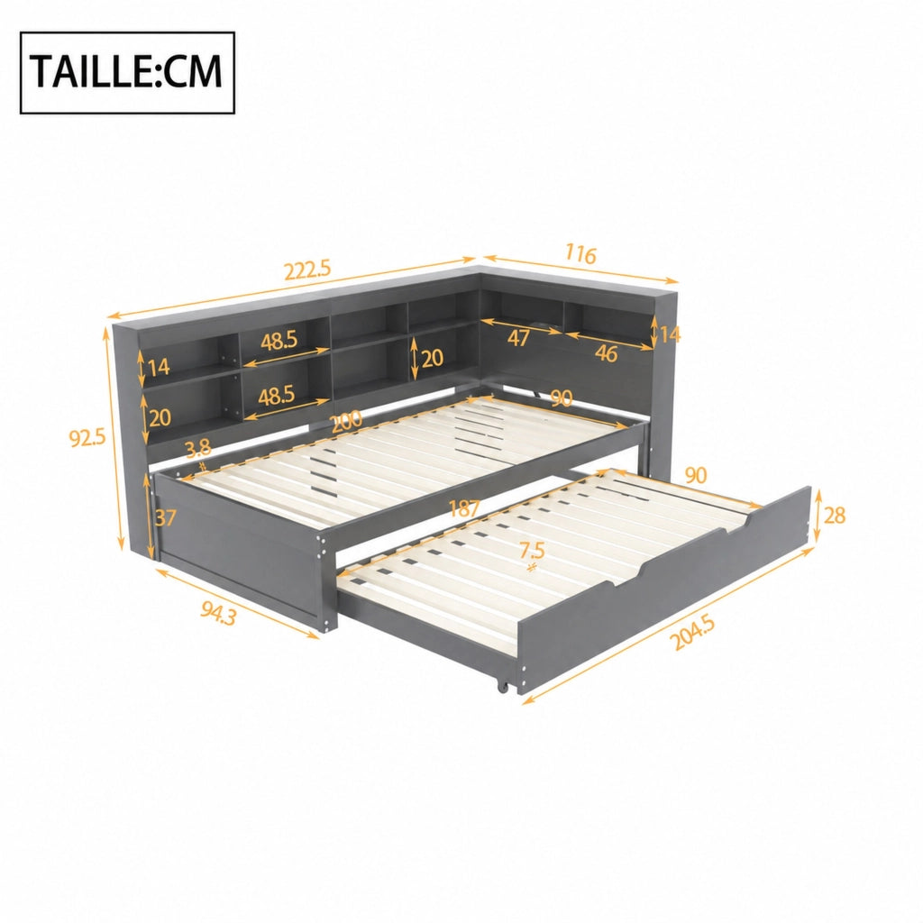 DESMIU Divano letto 90 × 200 cm 1 posto con USB, vani contenitore, letto estraibile 90 × 190 cm, senza materasso, grigio