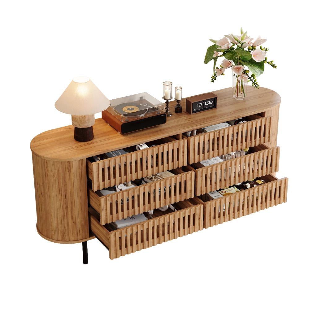 Credenza con 6 cassetti; per soggiorno e ingresso; in MDF; 160x40x70 cm; naturale