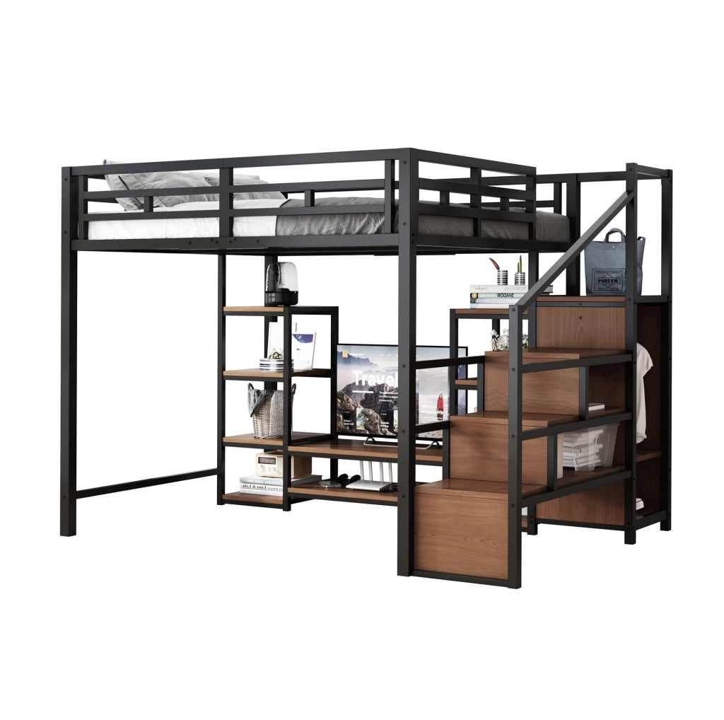 Hochbett 140x200 cm con supporto TV; presa e scala di sicurezza; metallo; nero