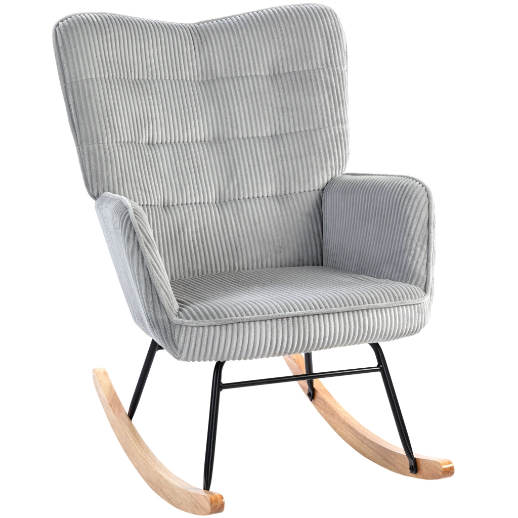 Poltrona a Dondolo Vintage ¨C Zephmum ¨C Tessuto Grigio Chiaro, Legno di Faggio e Acciaio