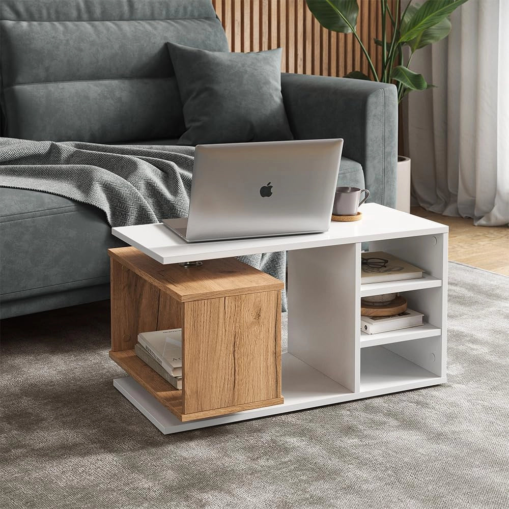 Tavolino da salotto Rafi, Bianco, 88 x 35 cm, con ripiano girevole e superfici di appoggio aperte