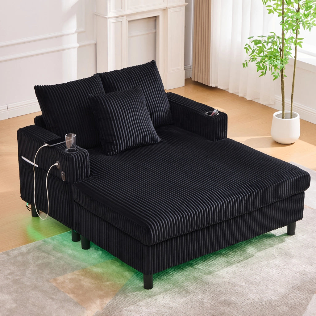 Chaise longue 142x128x85 cm in velluto a coste nero con USB， LED e portabicchiere