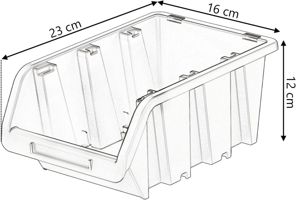 Set di 16 Contenitori a Bocca di Lupo | 23x16x12 cm | Impilabili | Sovrapponibili | Nero | in Plastica