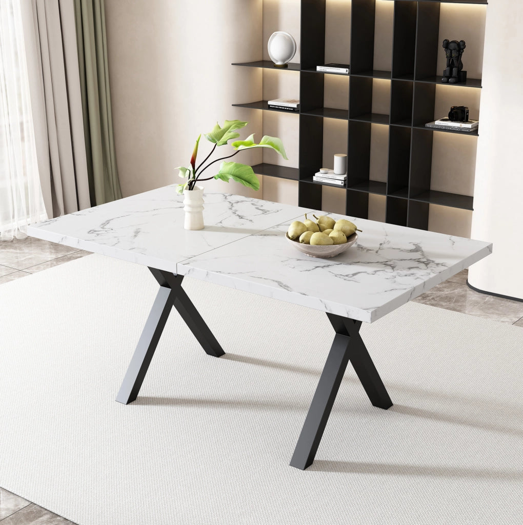 Tavolo multifunzione con gambe incrociate in MDF effetto marmo bianco