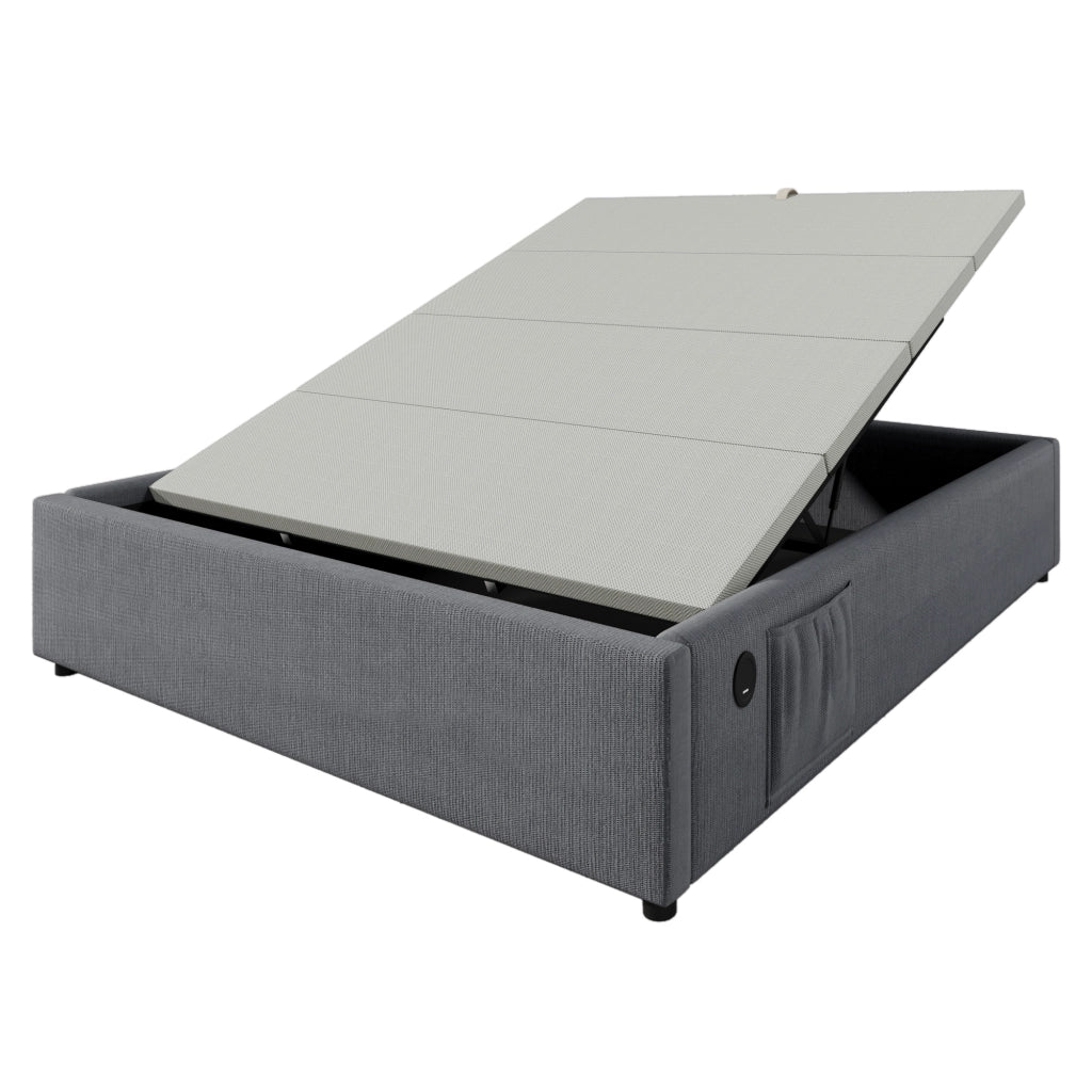 Letto contenitore matrimoniale 160x200 cm in tessuto effetto lino con USB/Type-C, rete continua e struttura grigio