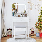Toeletta Trucco con Luci LED e Sgabello Imbottito, Specchiera con Stazione di Ricarica e Luminosità Regolabile, Set Consolle Trucco con Piano in Vetro Temperato e 2 Cassetti (Bianco)