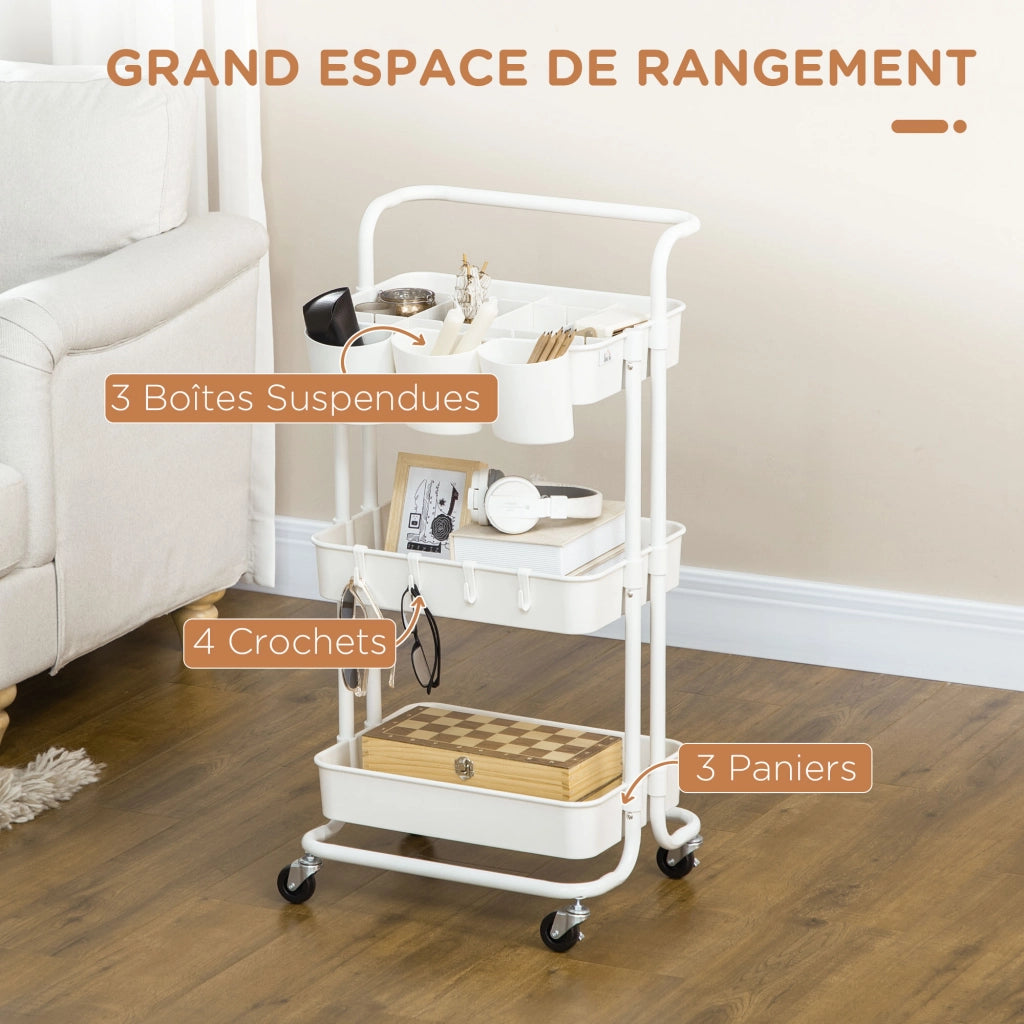 Carrello a 3 livelli con ripiani e 4 ganci ¨C zephmum ¨C bianco 42x38x86,5 cm