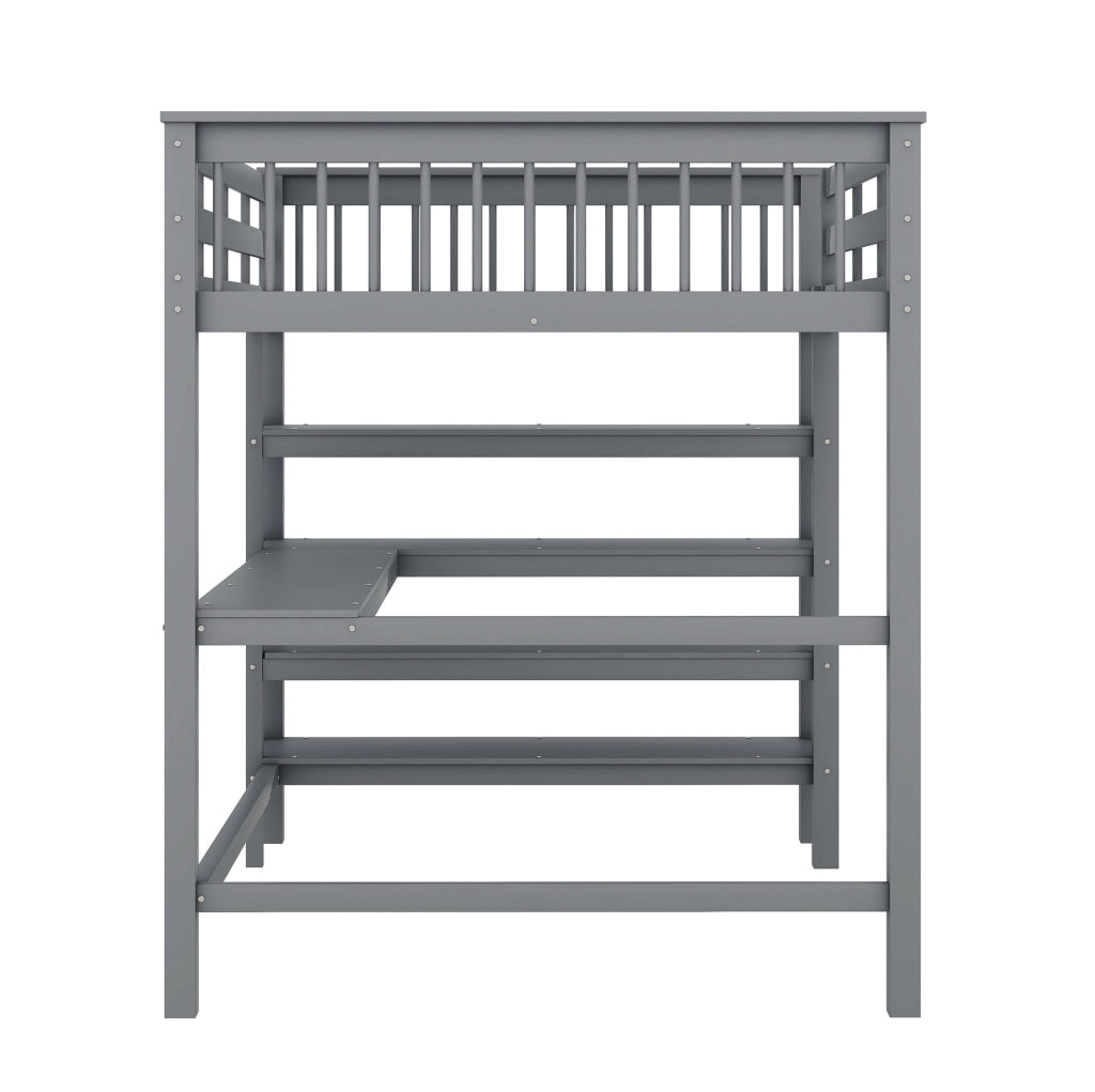 Letto a soppalco 140x200 cm grigio con scrivania e ripiani, legno di pino e MDF