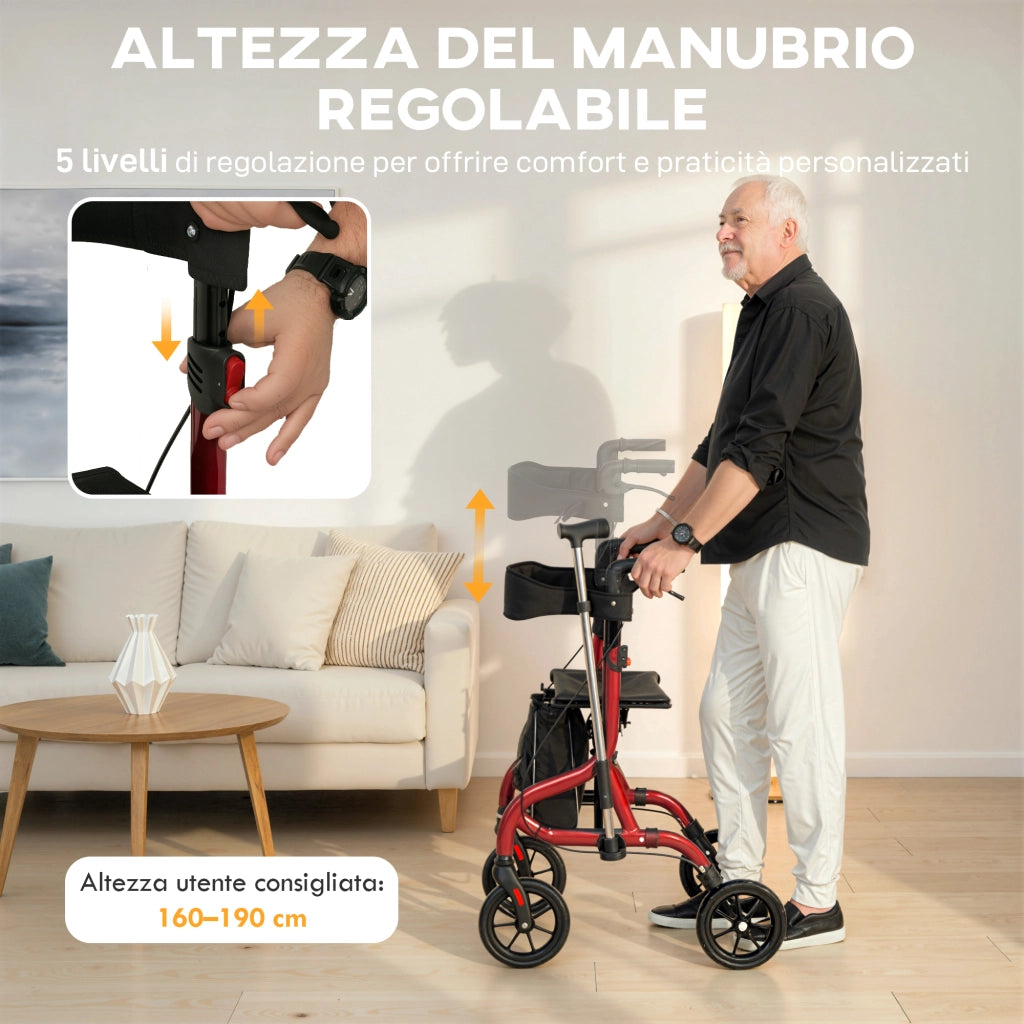 Deambulatore con Seduta e Schienale per Anziani Pieghevole 68x64x85,5-95,5 Altezza Regolabile Borsa e Porta Bastone in