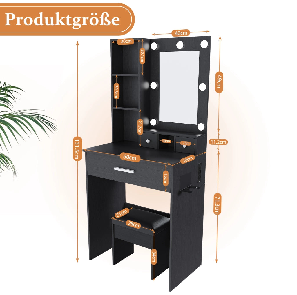 Toeletta con specchio LED a 3 modalità; presa integrata; supporto asciugacapelli; MDF nero