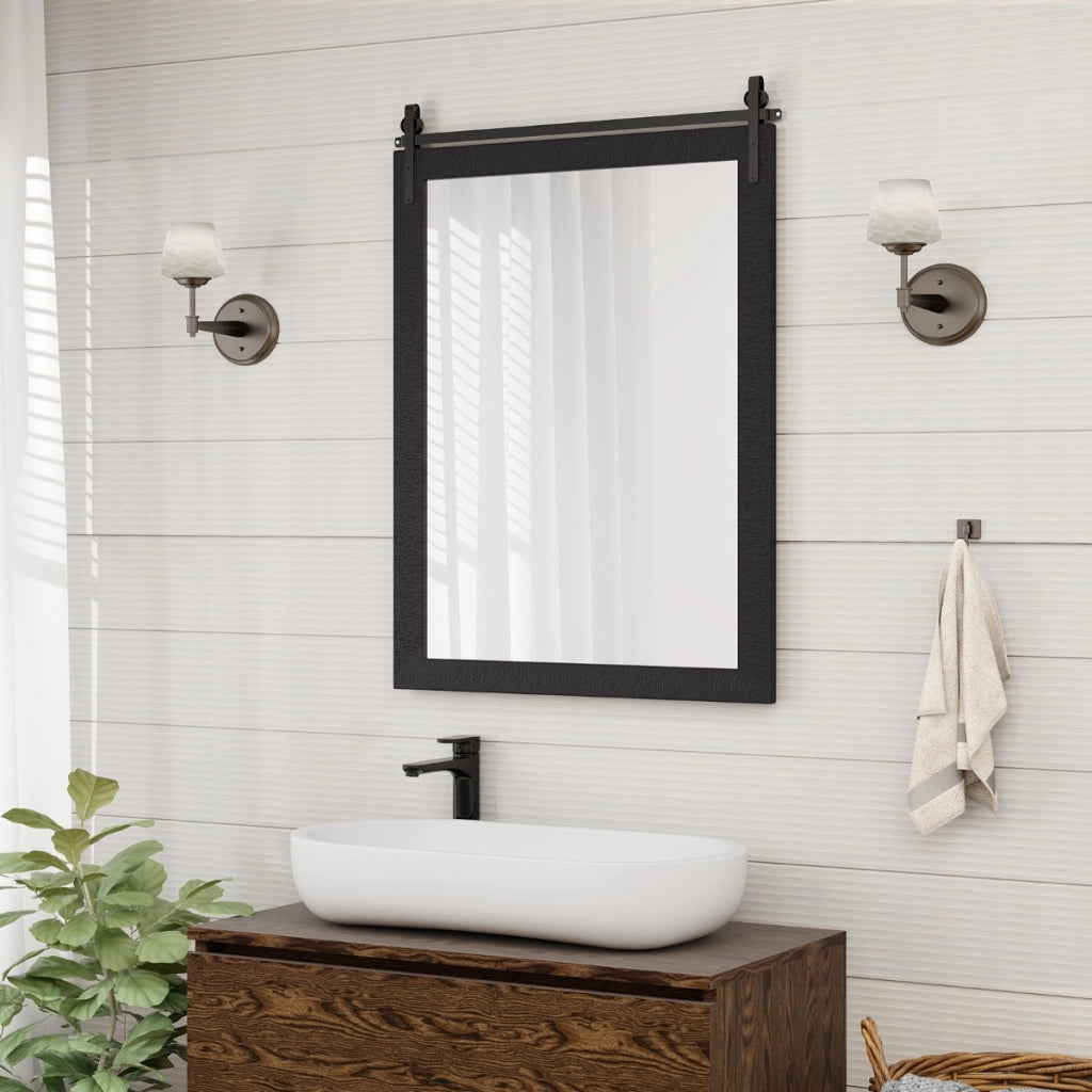 Specchio a parete farmhouse 76,5x56cm, Specchio a muro rettangolare con cornice in legno staffa in metallo Nero-Specchi da parete