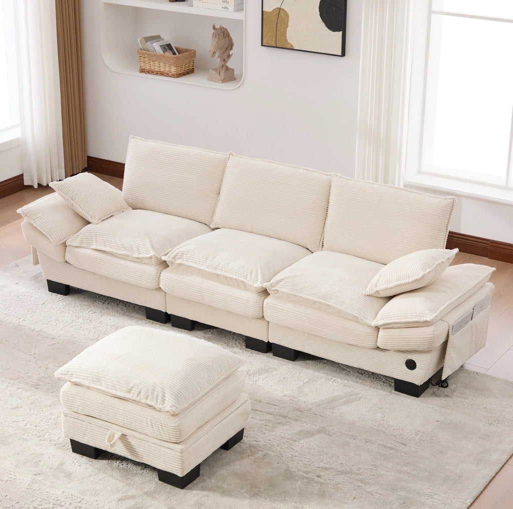 Divano modulare 3 posti con pouf e vano contenitore; USB-C; velluto a coste beige