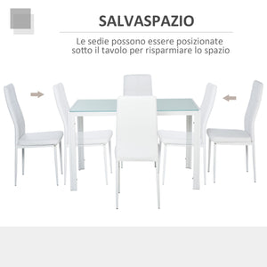 Set da Pranzo Tavolo con Piano in Vetro e 4 Sedie in Metallo e Similpelle  Bianco