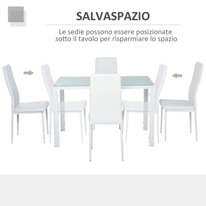 Set da Pranzo Tavolo con Piano in Vetro e 4 Sedie in Metallo e Similpelle  Bianco