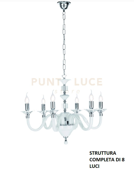 LAMPADARIO GALA 8 LUCI ATTACCO E14 BIANCO E CROMO D.82CM