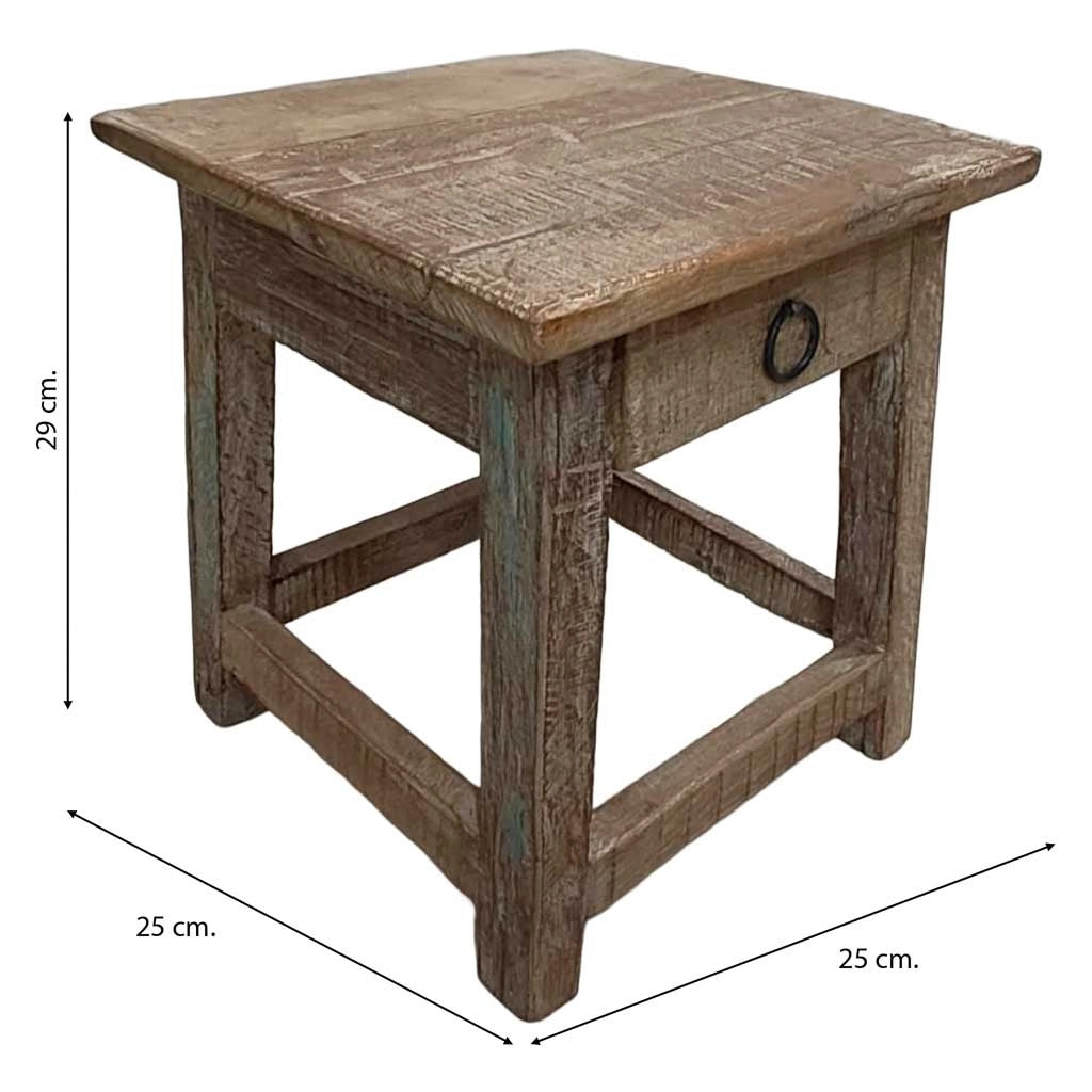 Sgabello con cassetto in legno con finitura artigianale marrone 25x25x29 h cm