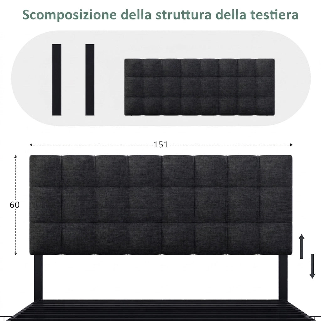 Letto imbottito 140x200 nero con 4 cassetti; testiera regolabile e rete a doghe; in lino