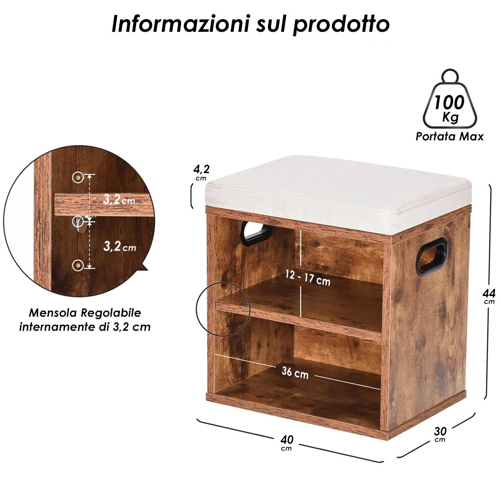 Panca Scarpiera da ingresso Industrial con cuscino imbottito e mensola 44x30x40