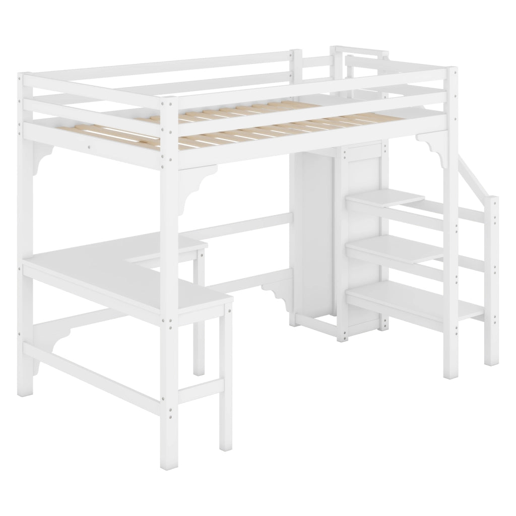 Letto a castello bianco con scrivania a L funzione contenitore in pino 140x200 cm