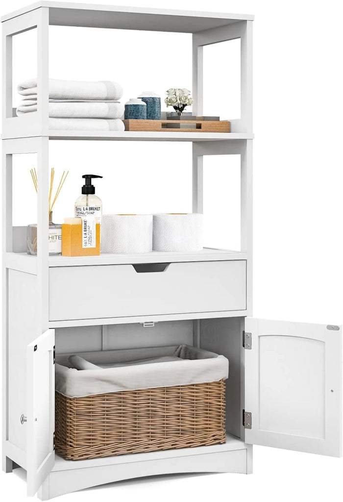 Armadietto Multiuso Bianco, Armadio Alto per Bagno con Cassetto e 2 Ripiani Aperti, Mobile Porta Microonde per Cucina, Design Compatto