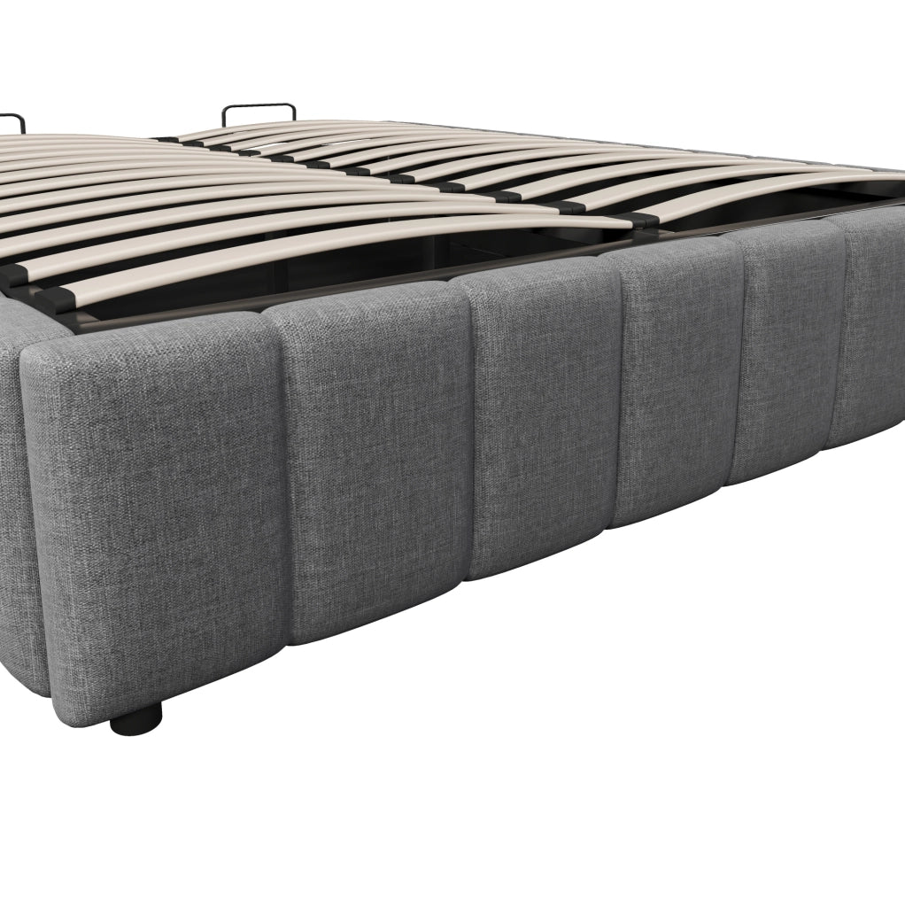 Letto matrimoniale imbottito 140x200 cm in lino grigio con contenitore idraulico; senza testiera