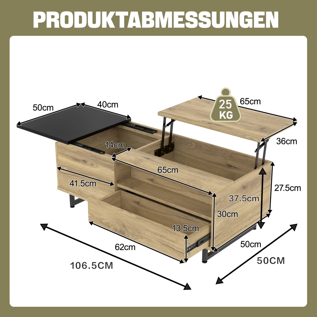 Tavolino da salotto sollevabile con LED, vano portaoggetti e struttura in metallo, colore naturale