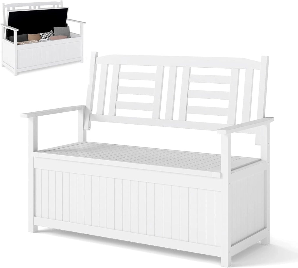 Panchina da Giardino con Contenitore di Legno, Cassapanca da Esterno 2 Posti con Schienale e Braccioli, Panca per Cortile e Ingresso, 123 x 68,5 x 96 cm (Bianco)