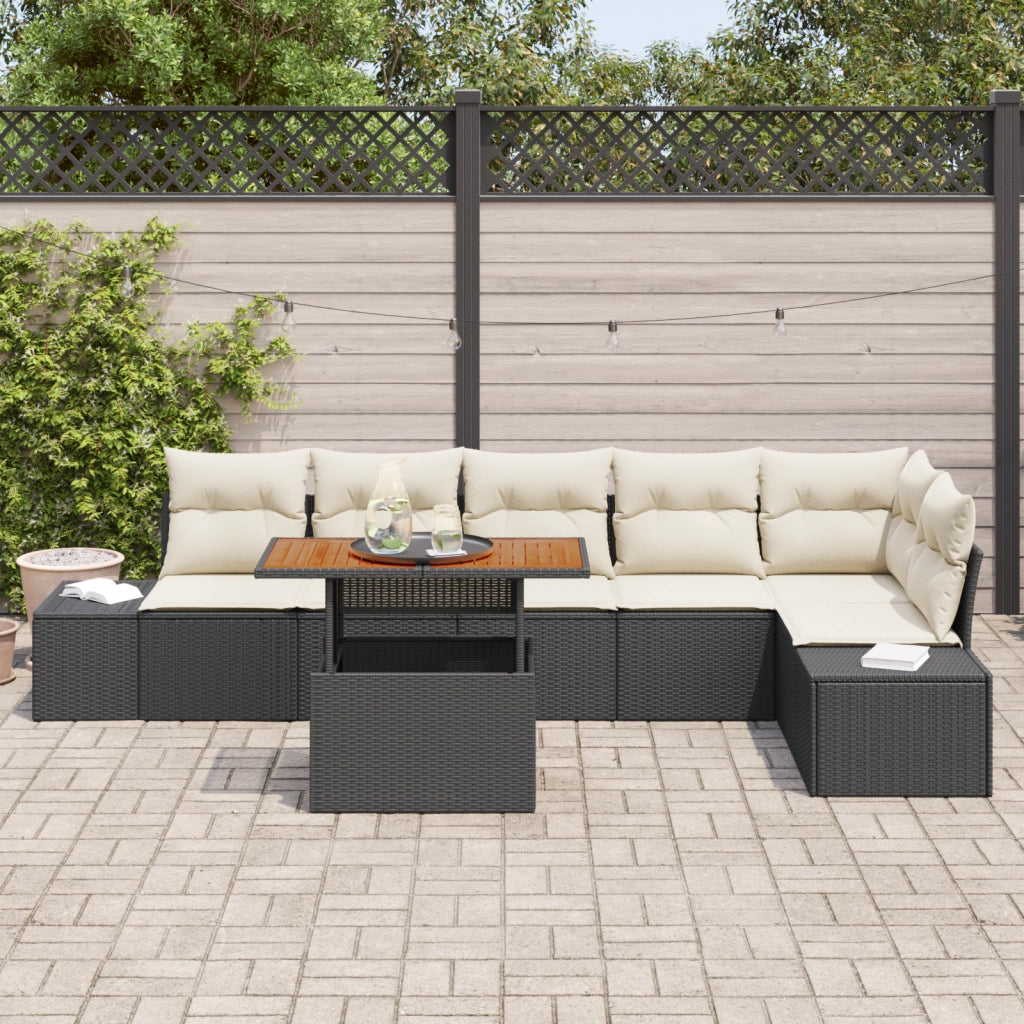 Set da Pranzo da Giardino 7 Pezzi con Cuscini Nero Polyrattan Acacia