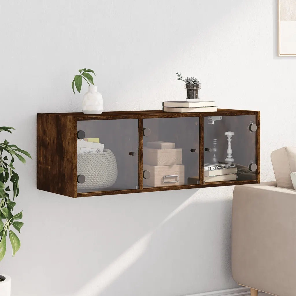 Armadietto a Muro | Mobile a Muro con Ante in Vetro Rovere Fumo 102x37x35 cm