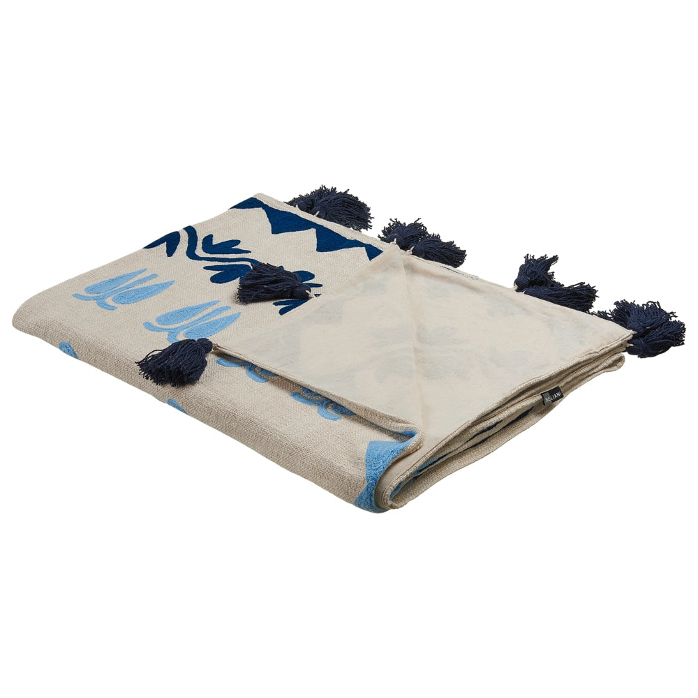 Coperta in cotone beige e blu 130 x 180 cm copriletto in ricamo fatto a mano accogliente motivo floreale con nappe