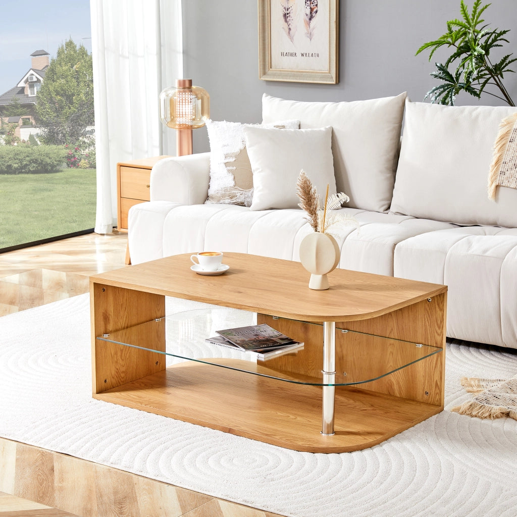 Tavolino basso con 2 ripiani in MDF effetto legno naturale e vetro temperato, per soggiorno, 100 × 60 × 42 cm
