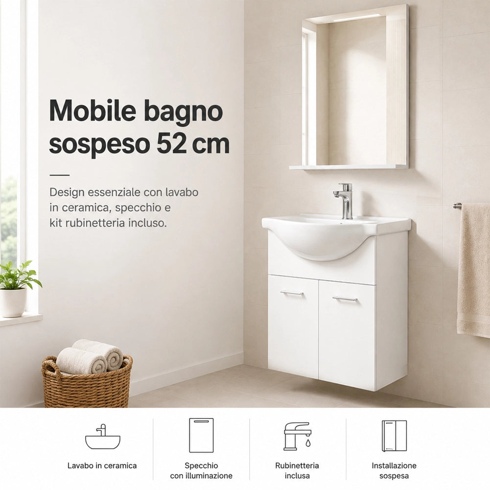 Mobile da Bagno Sospeso Completo Bianco Larghezza 55 cm Specchio e Rubinetteria