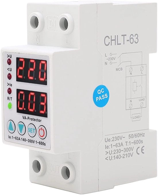 Dispositivo di protezione contro la sovratensione - 230V CA - Ripristino automatico - Formato compatto - Protezione contro la sovratensione - Per uso domestico - Valori regolabili