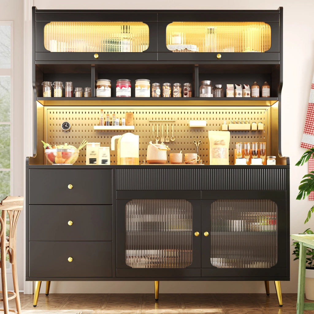 Credenza e madia alta con LED controllati tramite app e telecomando 1 cassetto in MDF e vetro nero 145 × 39 × 171 cm