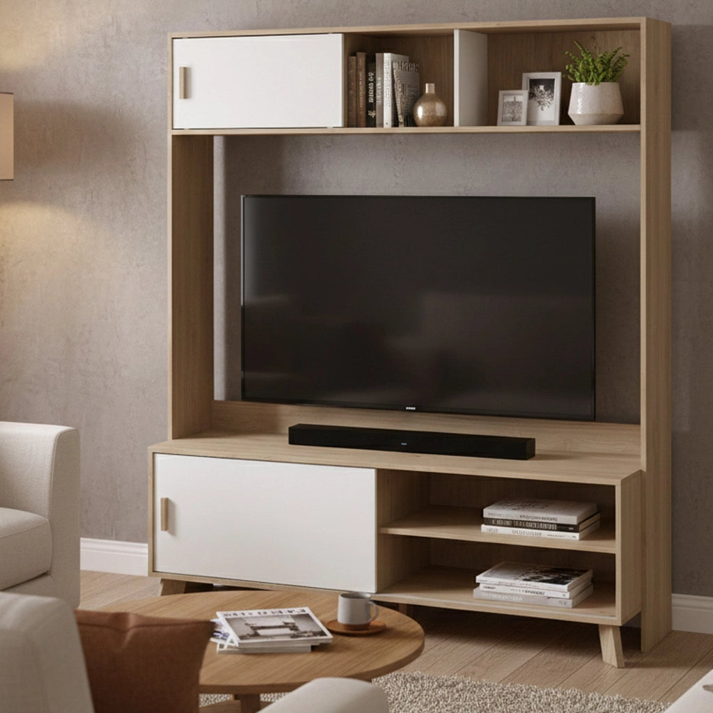Mobile porta TV Nicosia, Credenza da soggiorno, Armadio basso per TV, Base parete attrezzata, 159x48 h181 cm, Rovere e Bianco