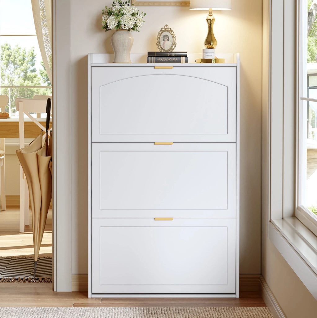Mobile porta scarpe stretto a 3 livelli 76x23x118 cm in pannello truciolare bianco