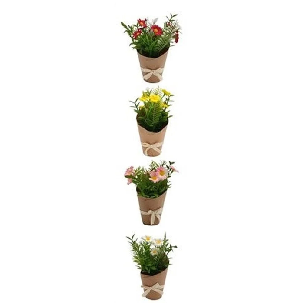 Trade Shop - Set 12pz Bouquet Di Fiori Finti Piantina Margherite Con Cartoncino Fiocco 4 Colori 656815 -