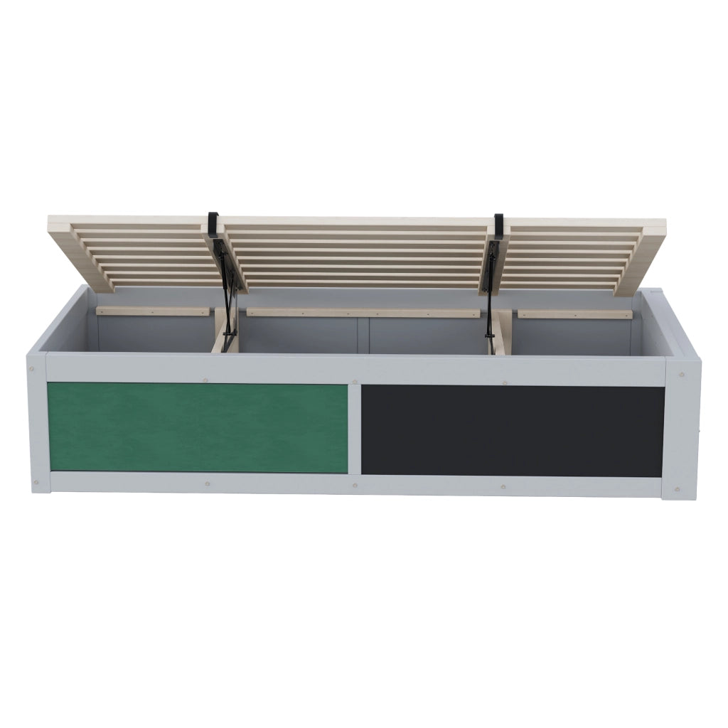 Letto Singolo in Legno 90x200 cm per Bambini Grigio con Contenitore Idraulico e Lavagna