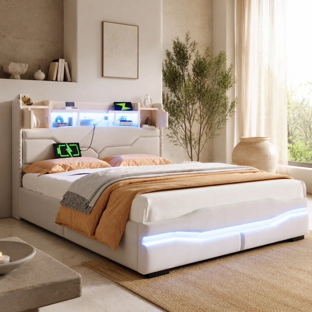 Letto matrimoniale imbottito 140x200 cm in lino beige con LED; presa USB e contenitore idraulico