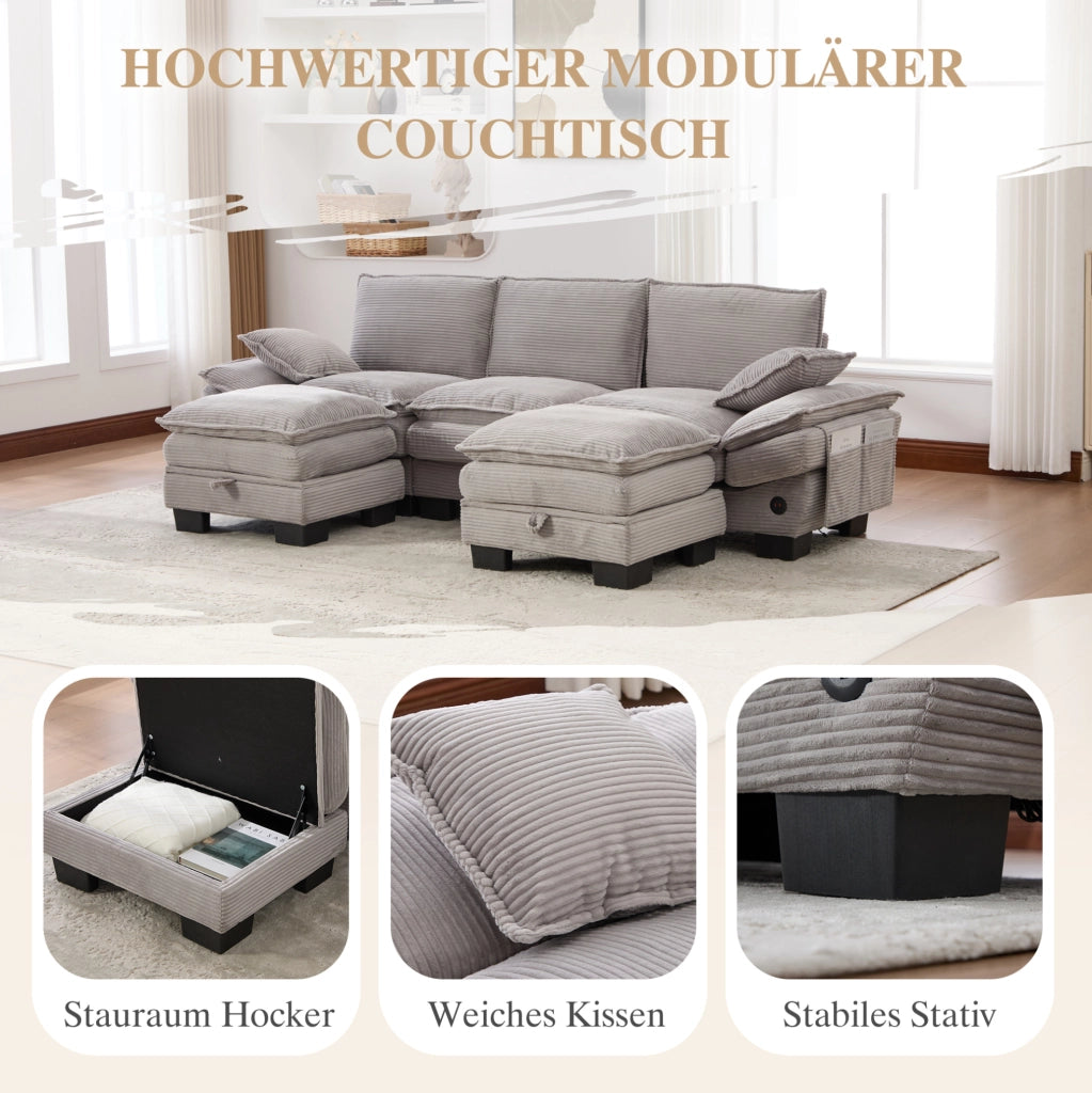 Divano modulare a 3 posti con pouf contenitore; USB-C; in velluto a coste grigio chiaro