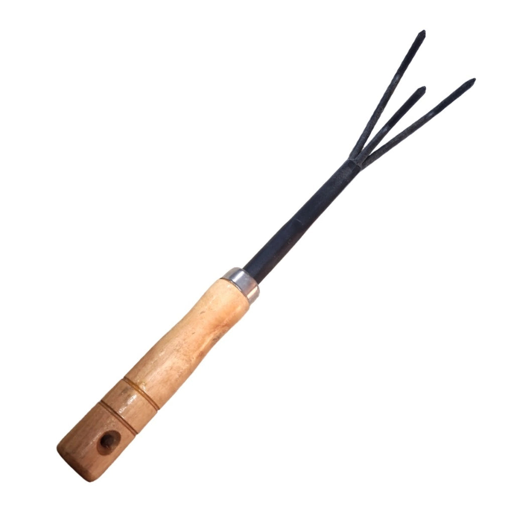 RASTRELLO GIARDINO ATTREZZI 3 DENTI MANICO LEGNO STRUMENTI FORCHETTA UTENSILI
