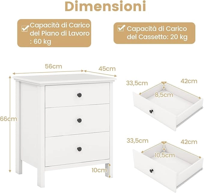 Comodino con 3 Cassetti 56 x 45 x 66 cm, Cassettiera da Letto, Tavolino Spazioso con Struttura Resistente, per Camera da Letto, Soggiorno e Ufficio (Bianco)