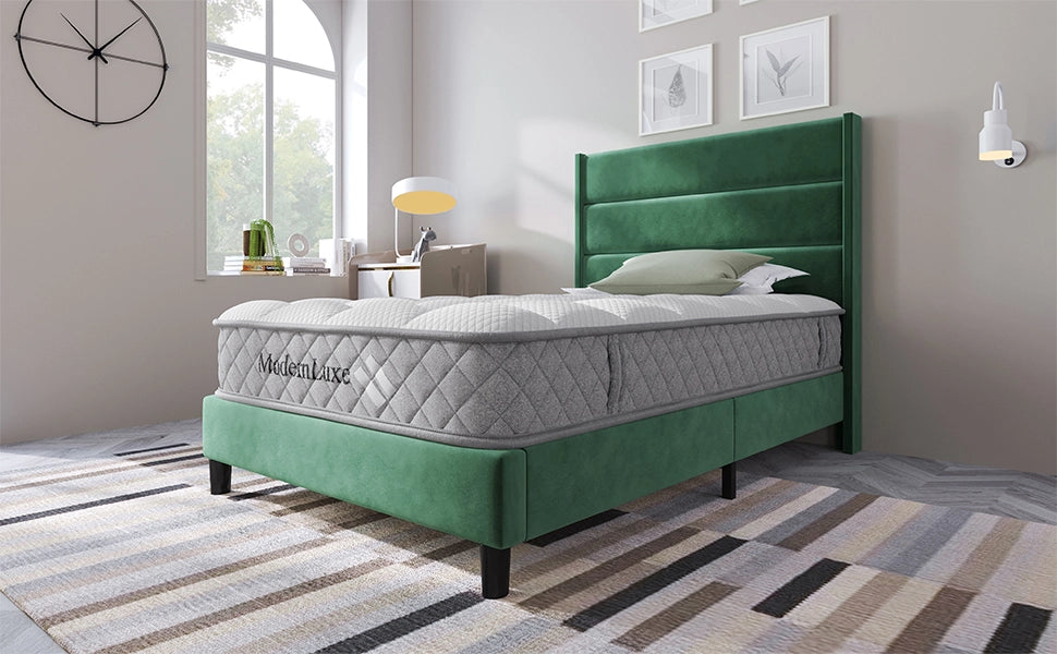 DESMIU Letto singolo 90 × 200 cm con testiera, materasso incluso in velluto, verde scuro