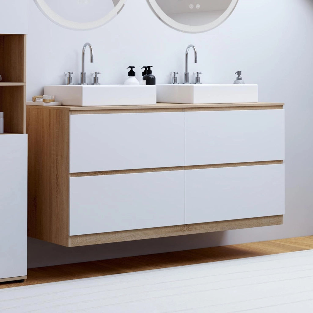 Mobile lavabo doppio TOMI 120 cm 4 cassetti finitura faggio e bianco